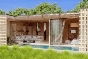 Skyline Ubud villa exterior with private pool and brick-screen facade