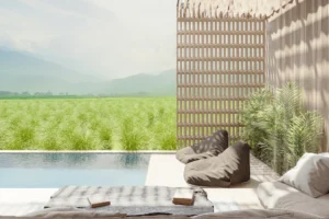 Private pool with rice field view at Skyline Ubud villa