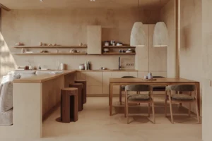 Open kitchen and living area at Skyline Ubud villa