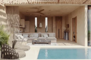 Living room opening to a private pool, Skyline Ubud