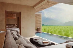 Master bedroom with pool and rice field view, Skyline Ubud
