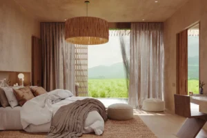 Bedroom with canopy and sheer curtains, Skyline Ubud