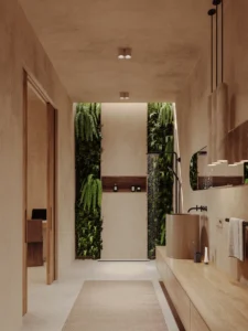 Bathroom with a vertical garden green wall, Skyline Ubud