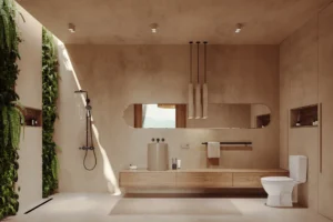 Bathroom with freestanding tub and green wall, Skyline Ubud