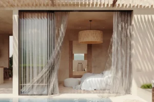 Bedroom interior with sheer curtains, Skyline Ubud villa