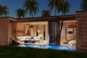 Pool villa illuminated in the evening, Skyline Ubud